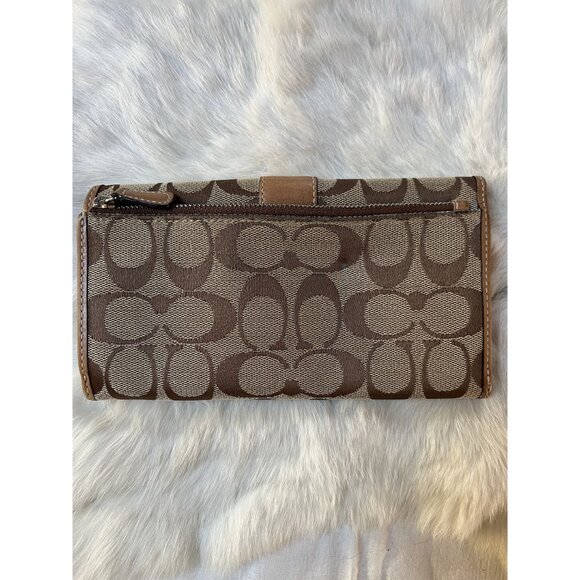 Coach Signature Canvas & Leather Checkbook Wallet With Snap Closure & Zip Pocket - Picture 4 of 10